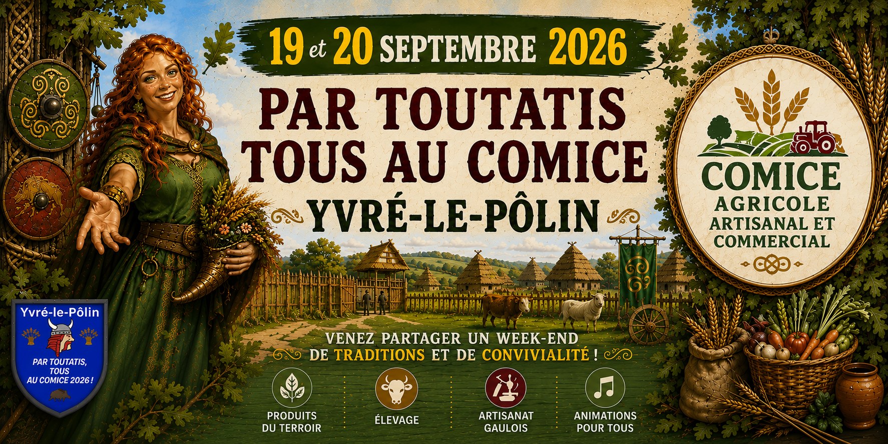 Affiche du Comice Agricole, Artisanal et Commercial d'Yvré-le-Pôlin, 19 et 20 septembre 2026 : Par Toutatis, tous au Comice — produits du terroir, élevage, artisanat gaulois, animations pour tous