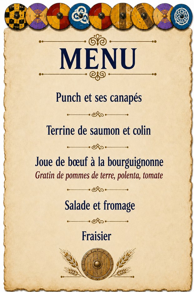 Menu du dîner dansant du samedi soir : punch et canapés, terrine de saumon et colin, joue de bœuf à la bourguignonne avec gratin de pommes de terre polenta et tomate, salade et fromage, fraisier