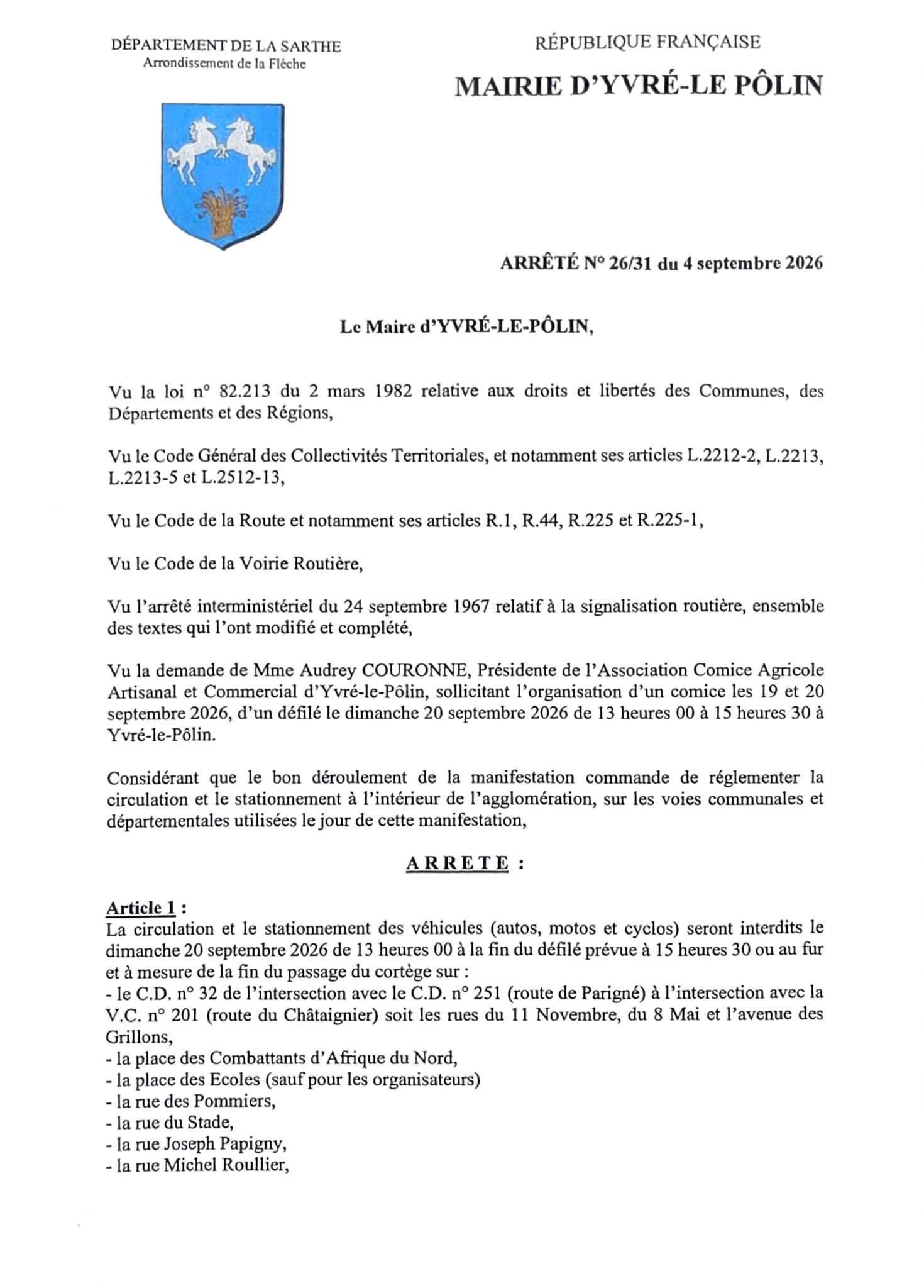Arrêté municipal n°26/31 du 4 septembre 2026 réglementant la circulation et le stationnement à Yvré-le-Pôlin pour le défilé du Comice le dimanche 20 septembre 2026