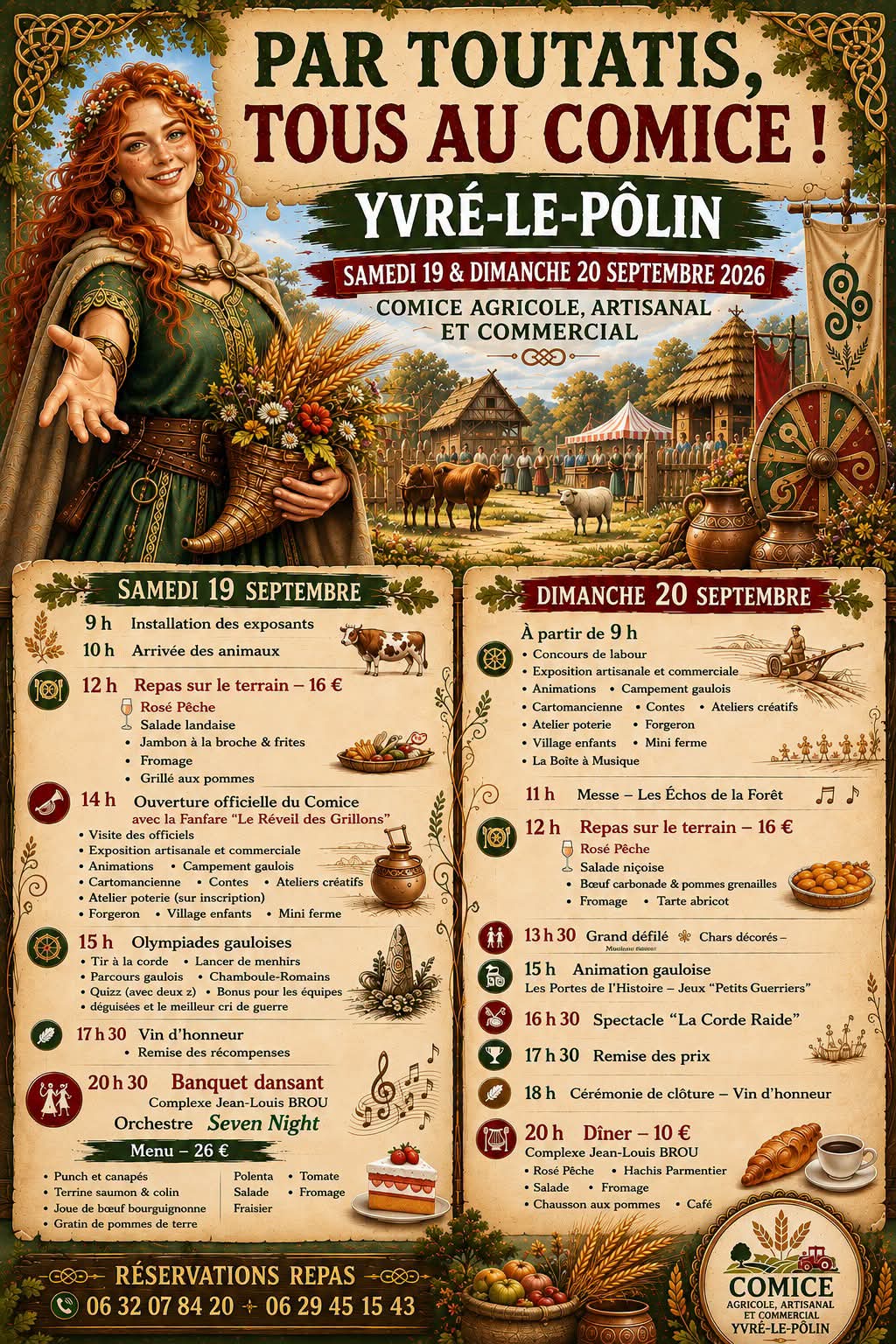 Affiche du programme du Comice d'Yvré-le-Pôlin 2026 : samedi 19 et dimanche 20 septembre, repas, ouverture officielle, olympiades gauloises, banquet dansant, concours de labour, défilé, animations et cérémonie de clôture
